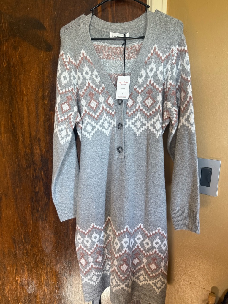 Lucky Brand Grey And Rust Fair Isle Cardigan